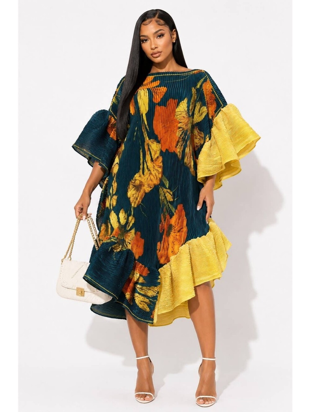 Floral Ruffle Midi Dress in Teal and Yellow